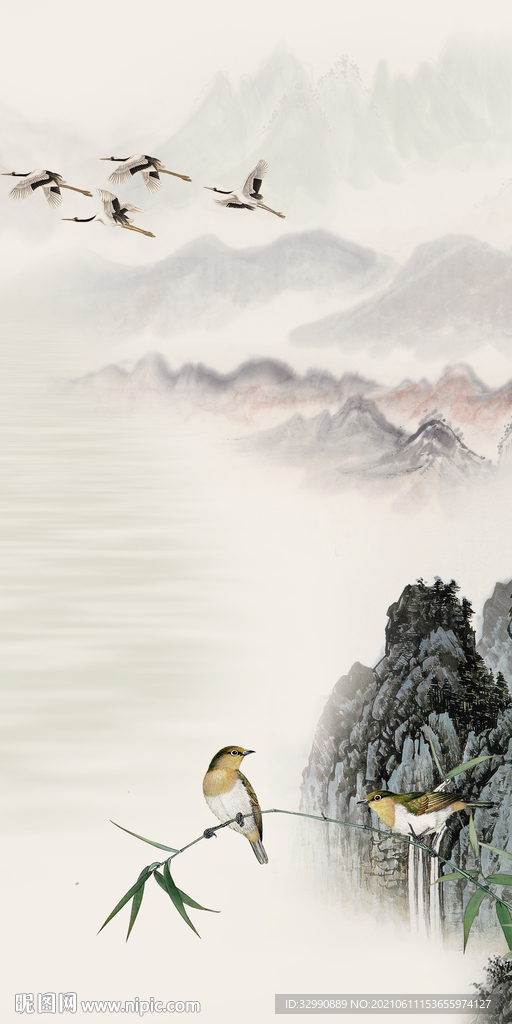 新中式山水无框新画 