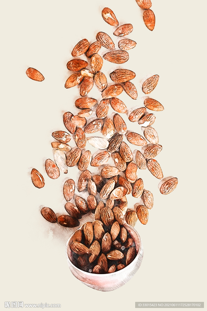 一碗散落的巴旦木仁手绘插画效果