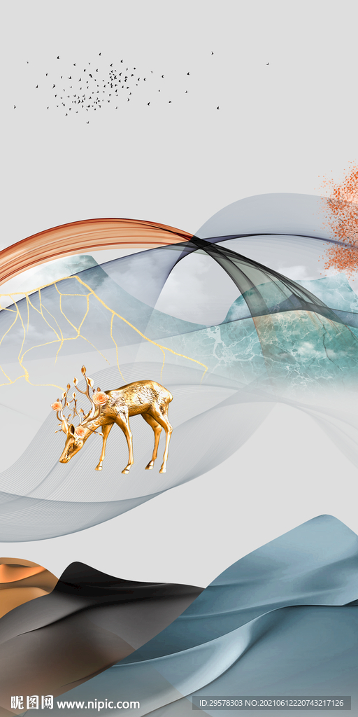 金鹿玄关背景山水 tif分层