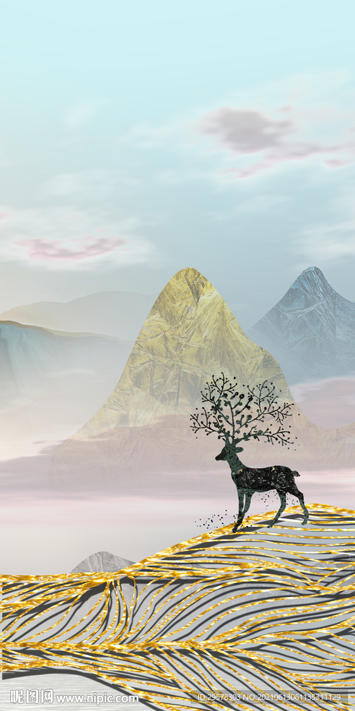 麋鹿玄关背景山水 tif分层