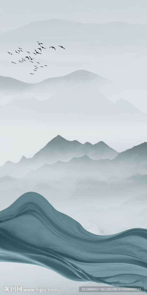 新中式山水新玄关画 分层文件 