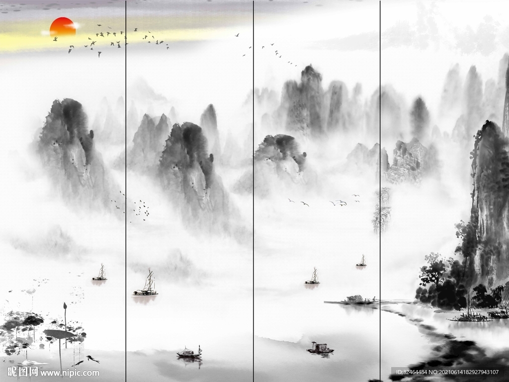 中国风水墨山水四条屏