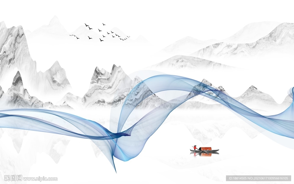 曲线优美新中式山水背景墙