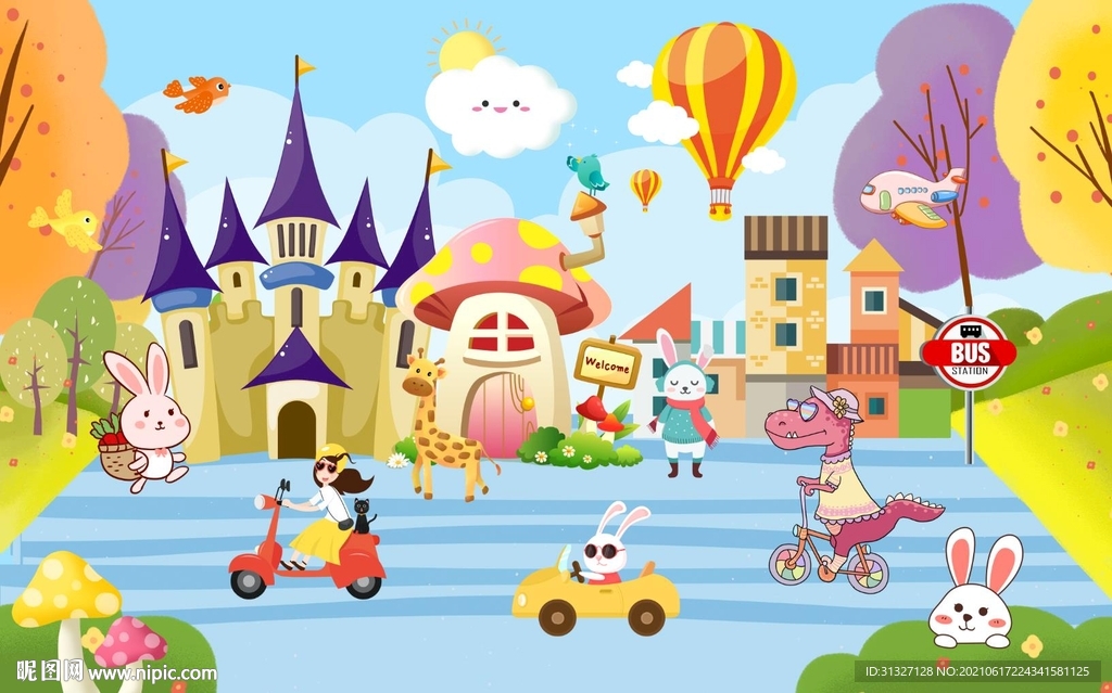 卡通城堡小白兔背景墙图片