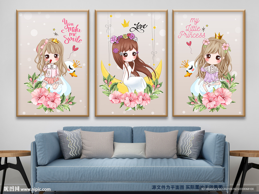 可爱女孩天鹅公主花朵无框画