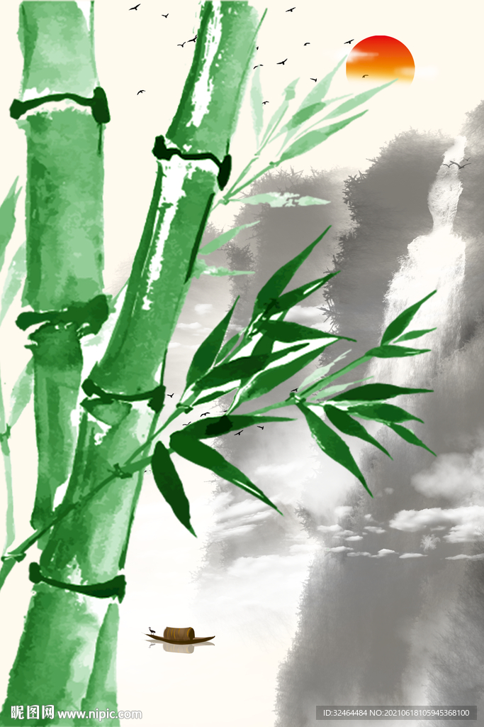 水墨写意山水绿竹