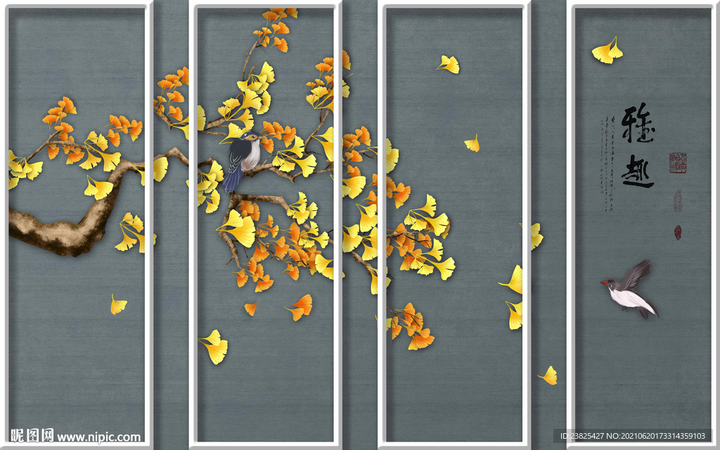 新中式手绘银杏树花鸟电视背景墙