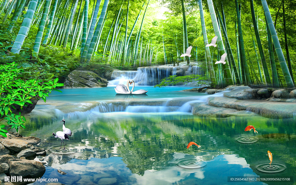 瀑布美景流水生财自然风光风景画