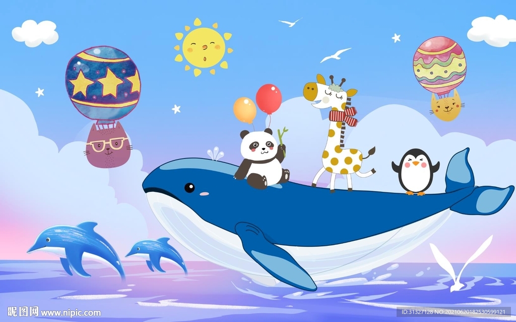 卡通儿童鲸鱼海边背景墙