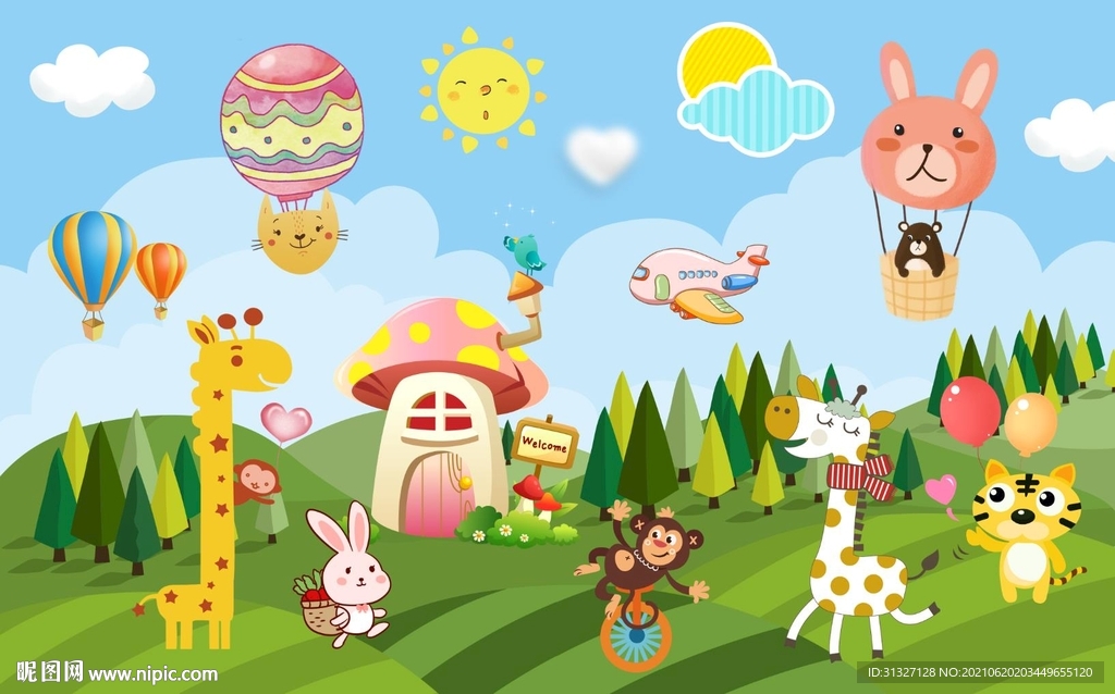 儿童蘑菇卡通小鹿背景墙