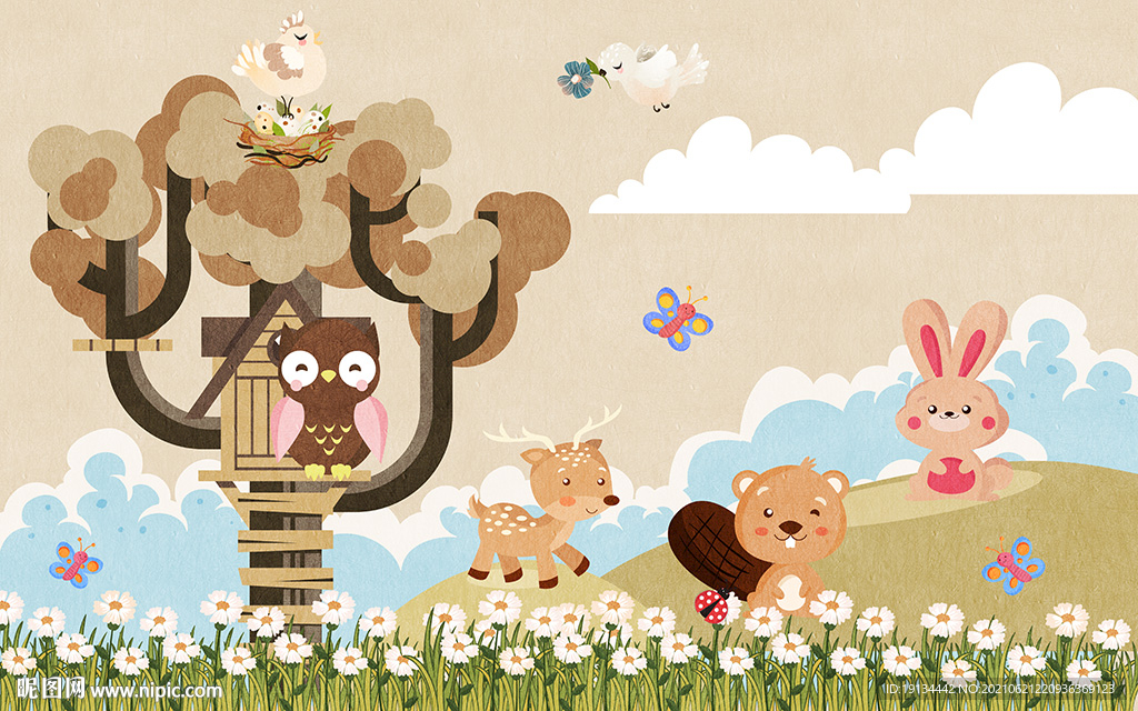 卡通小动物风景儿童房壁画