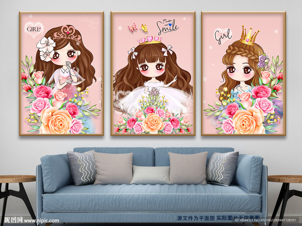 可爱卡通女孩花朵公主无框画