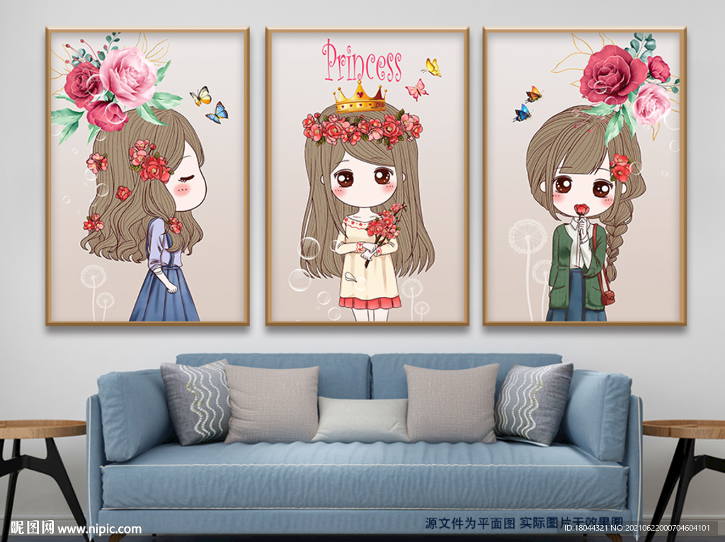 可爱卡通女孩蒲公英花朵无框画