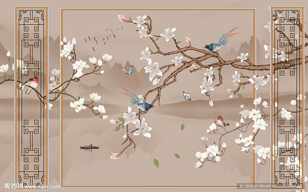 中式边框玉兰花鸟电视背景墙