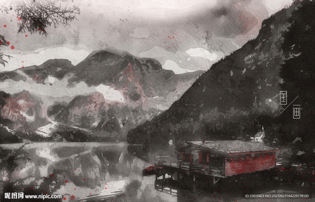 山水风景国画手绘效果装饰插画