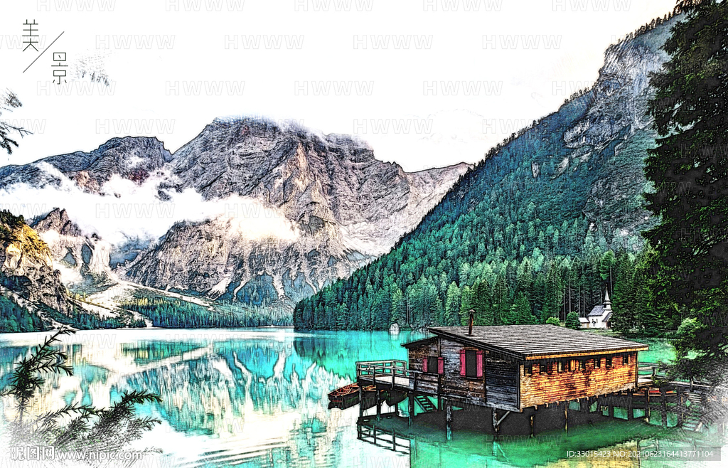 山水风景国画手绘效果装饰插画