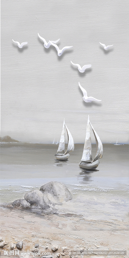 装饰画 新中式 海边风光 帆船