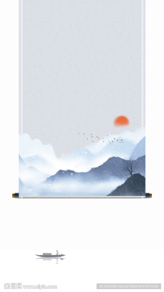 新中式山水水墨画线条卷轴海报