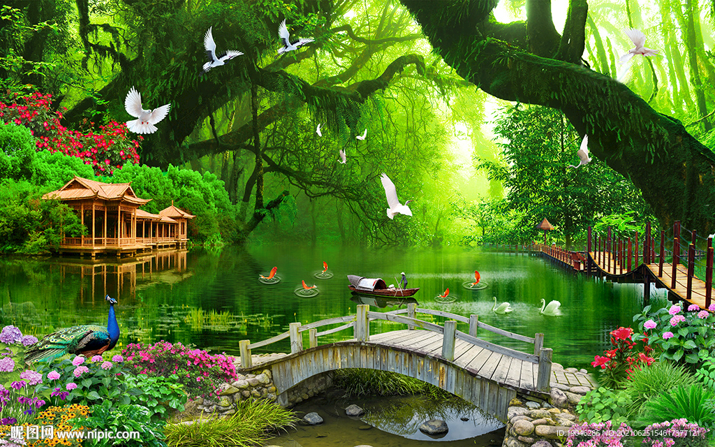 树林小桥流水风景背景墙