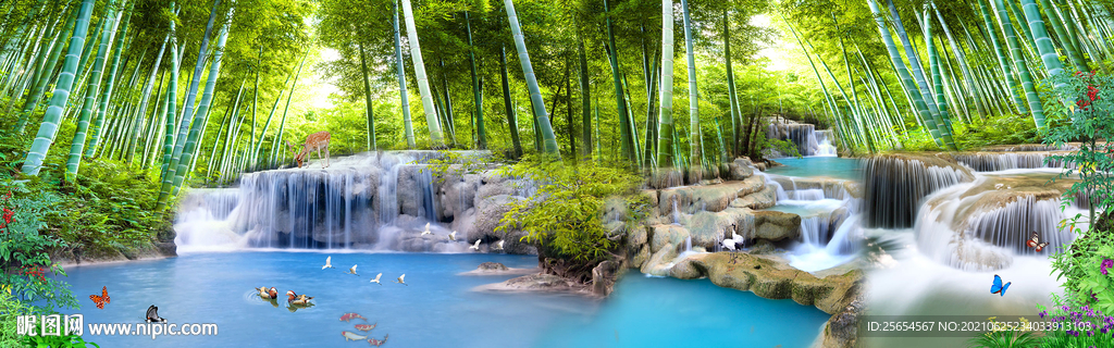 清新竹林流水全屋主题空间壁画