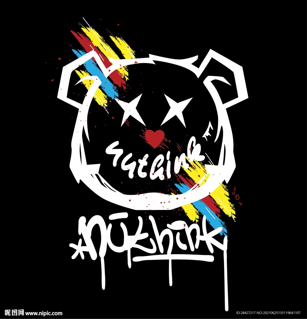 涂鸦彩虹手绘潮牌熊印花图案