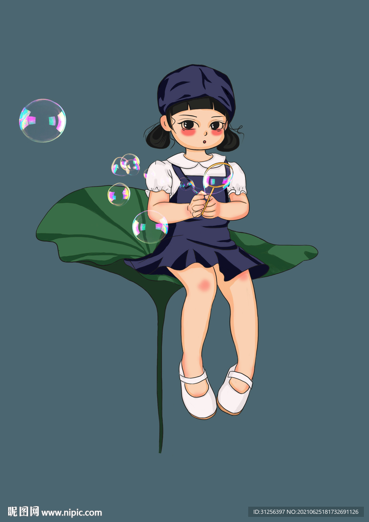 吹泡泡的可爱女孩插画