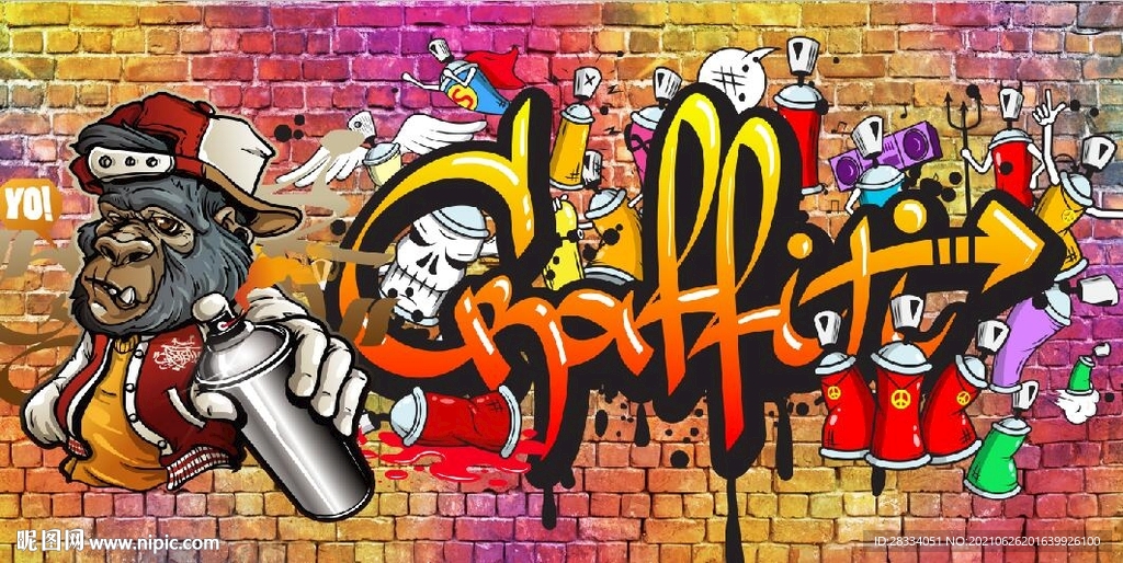 欧美风头涂鸦餐饮酒吧背景墙壁画