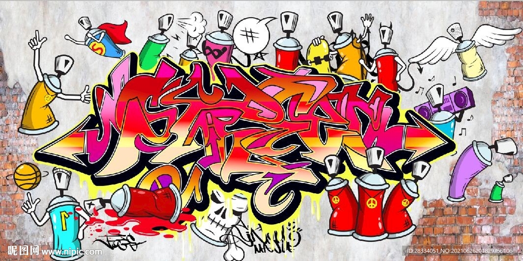 欧美风头涂鸦餐饮酒吧背景墙壁画