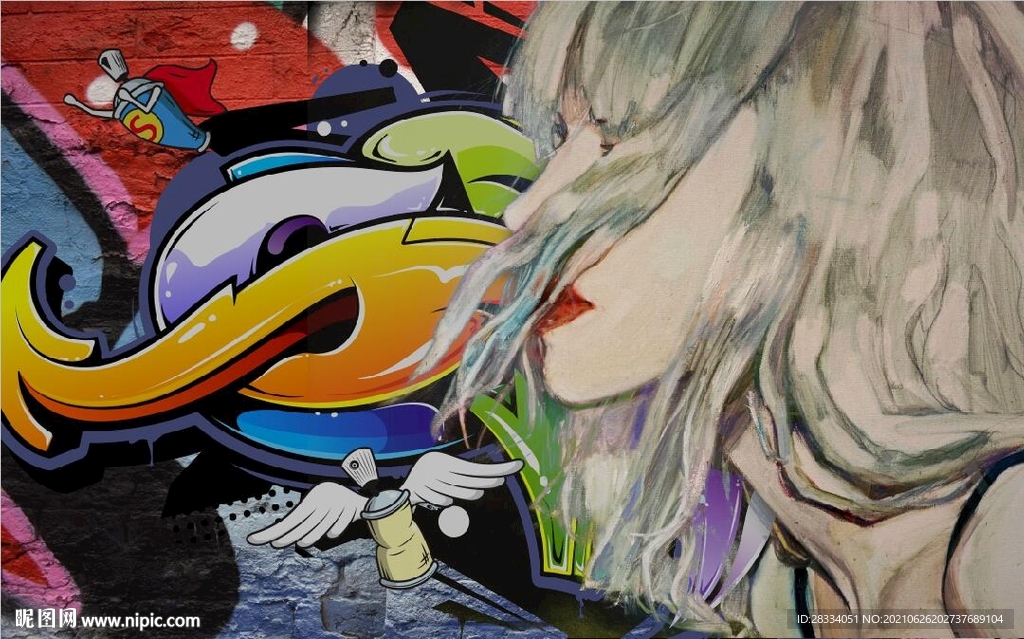 欧美风街头美女涂鸦酒吧餐饮壁画