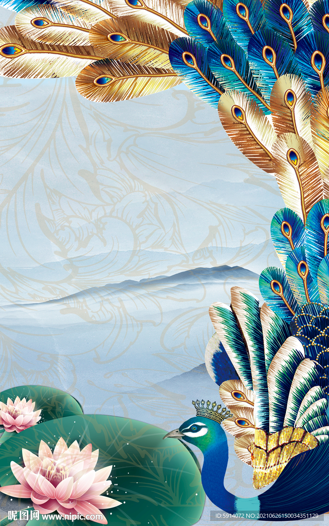 装饰画 孔雀 荷花