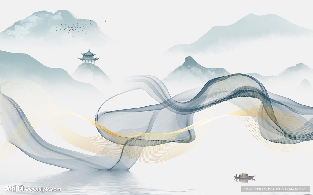 线条新中式无框画 文件分层 