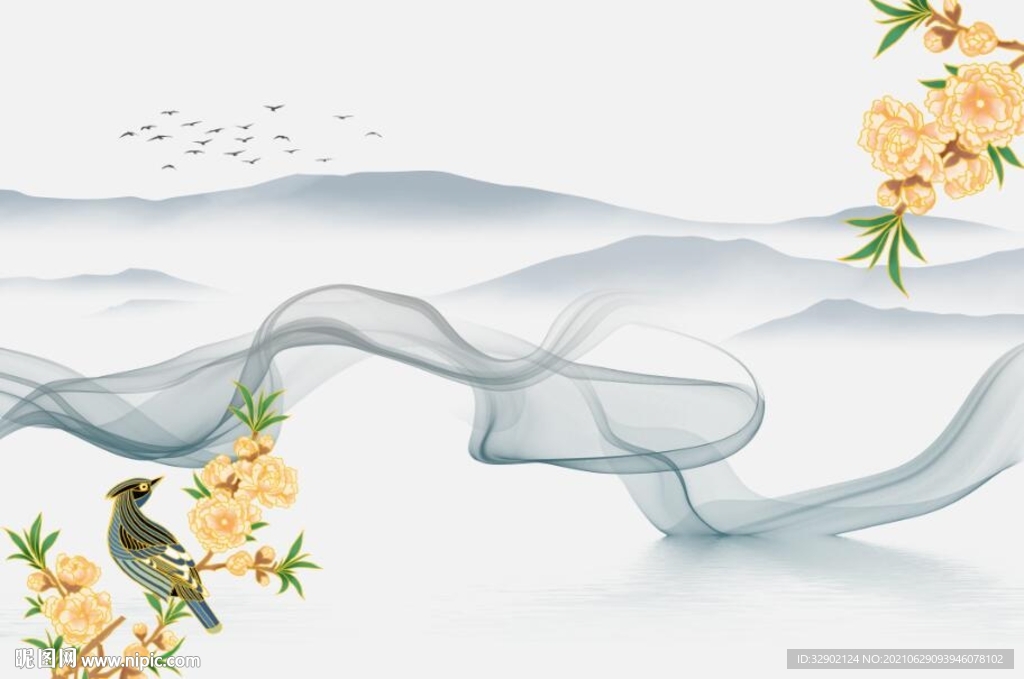 中式手绘玉兰花鸟家和万事兴