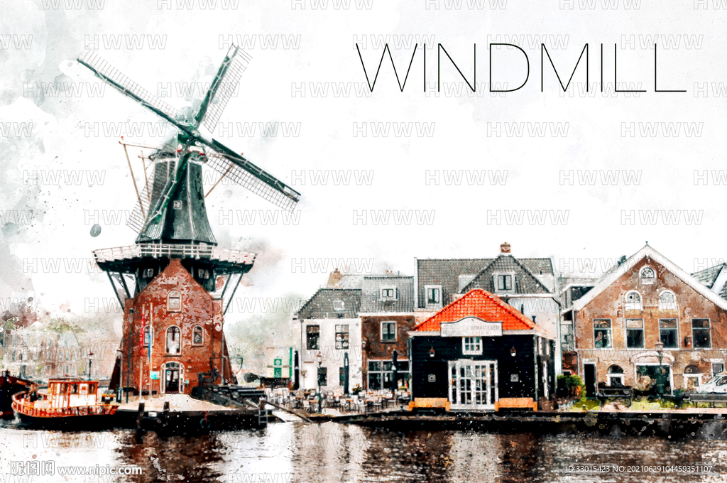 风车建筑水彩油画手绘插画分层