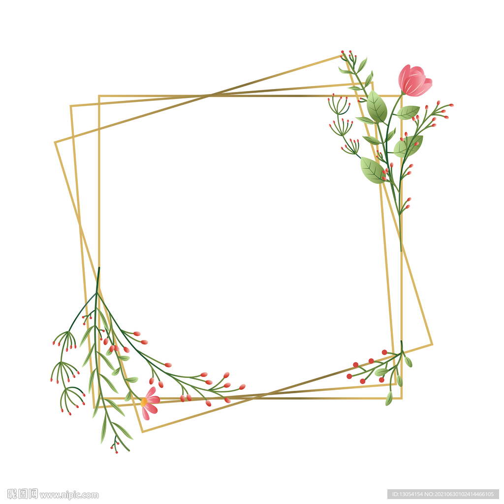 小清新花卉树叶几何金色边框