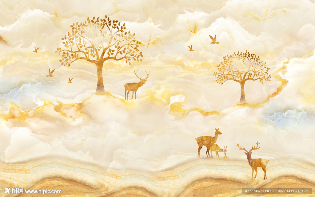 麋鹿发财树背景墙