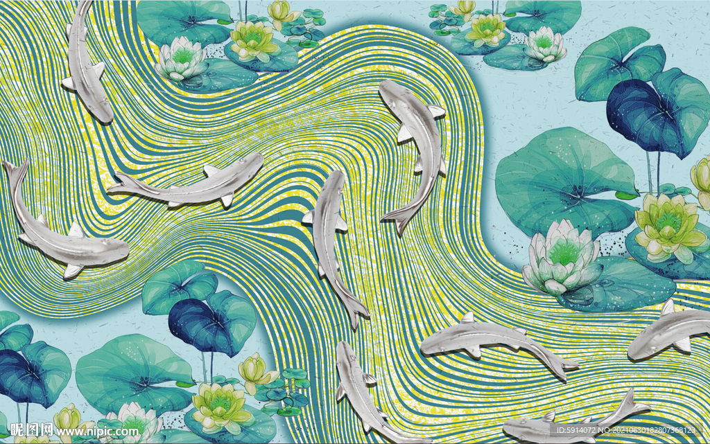 装饰画 荷花荷叶 新中式 鱼