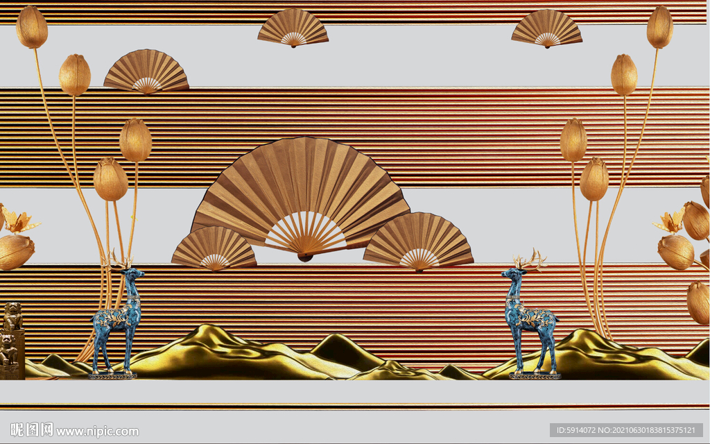 装饰画 扇子 新中式 荷花