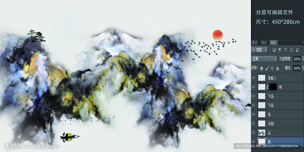 中式水墨壁画太阳飞鸟游船人背景