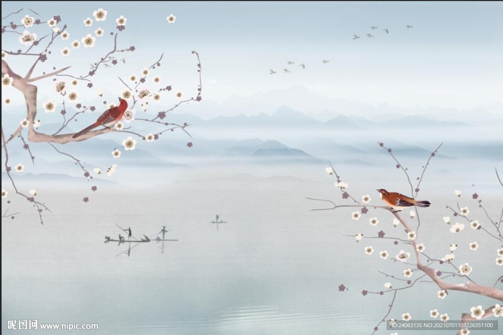 桃花花鸟山水水墨江南春