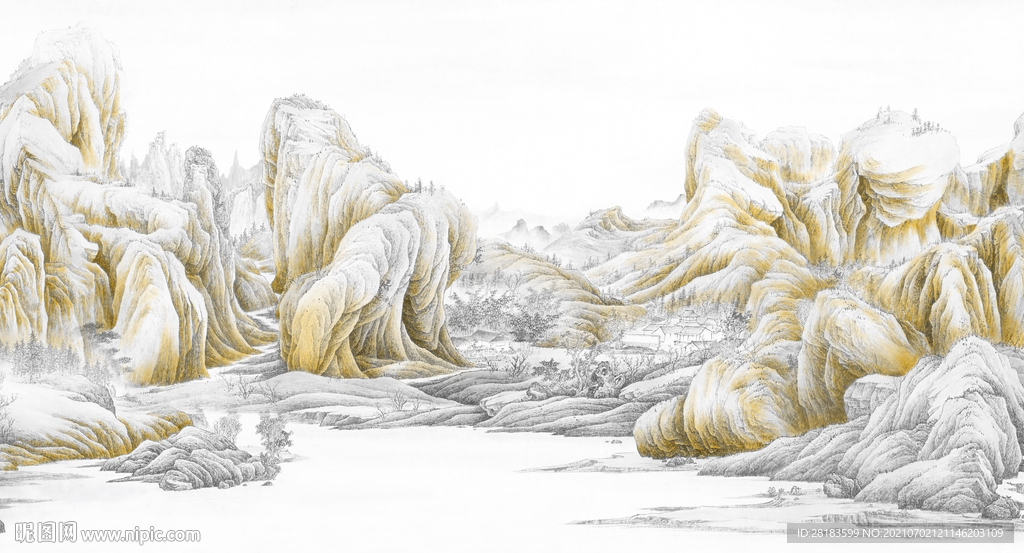 现代抽象山水画国潮风高清