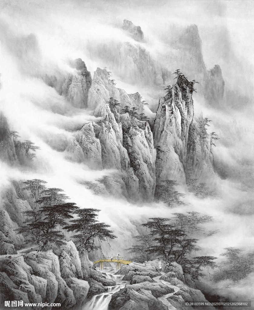 现代抽象山水画国潮风高清