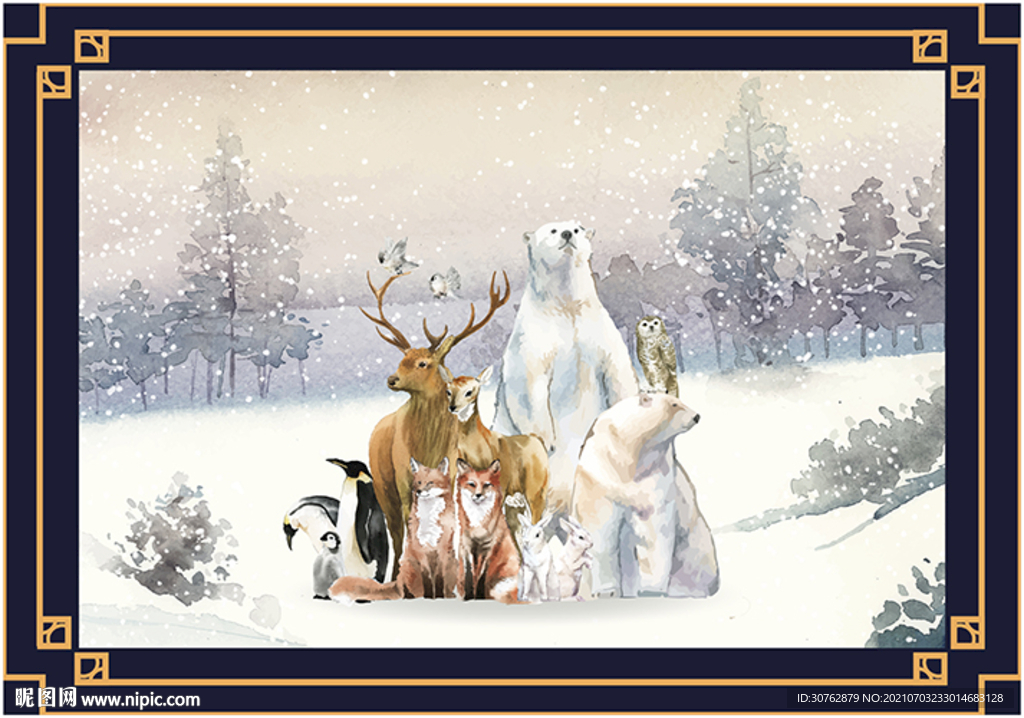 大牌印花数码动物雪山雪地梅花鹿