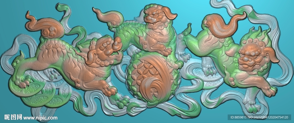 三狮戏绣花球狮子