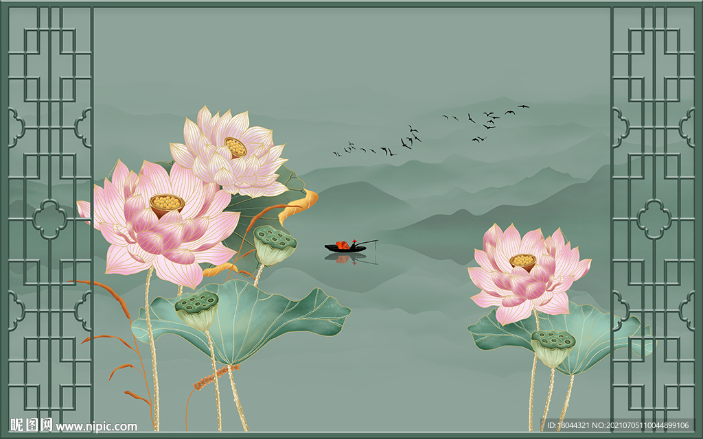 中式边框山水画荷花电视背景墙