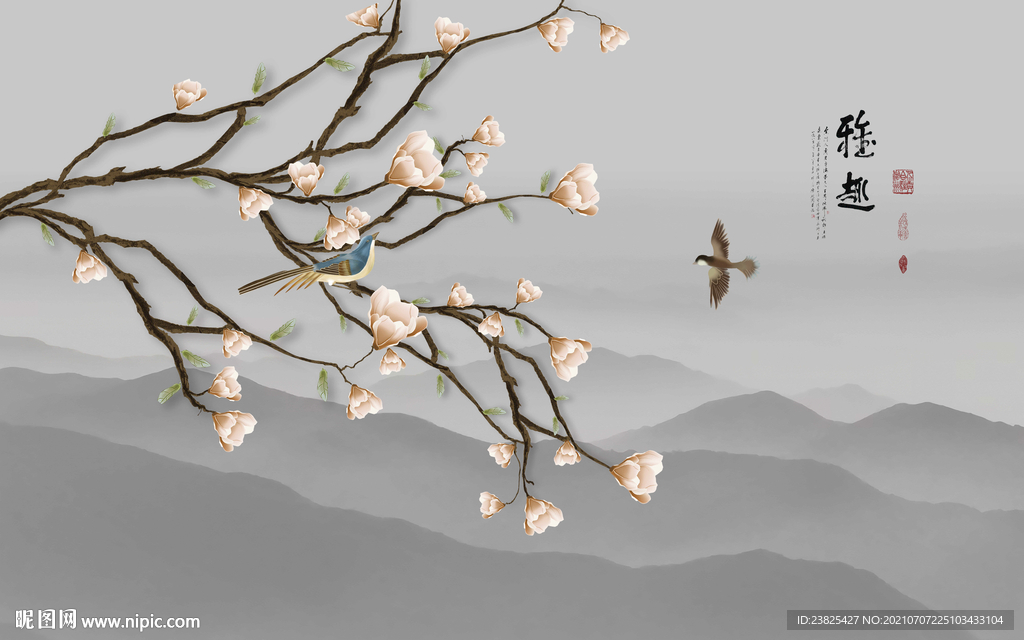 新中式手绘玉兰花鸟电视背景墙