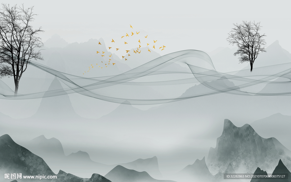 新中式山水背景墙 TIF分层画