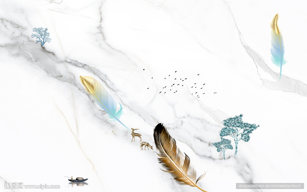 羽毛爵士白背景墙 TIF分层画