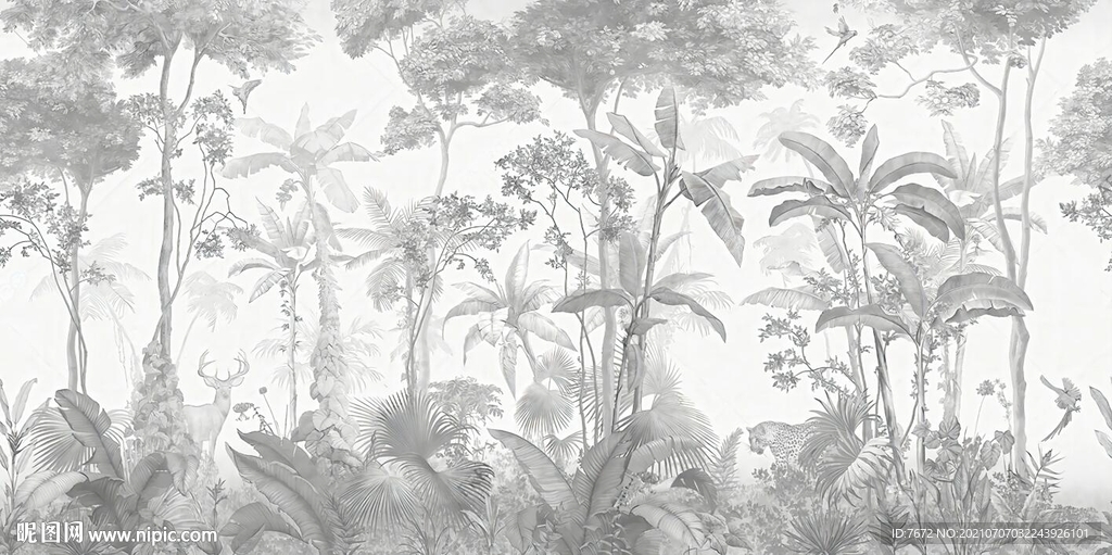 手绘欧式中世热带雨林动物背景墙