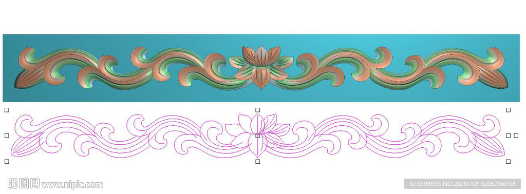 长方形石雕洋花帽头花精雕图灰度