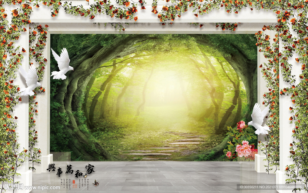 欧式罗马柱高清森林电视背景墙